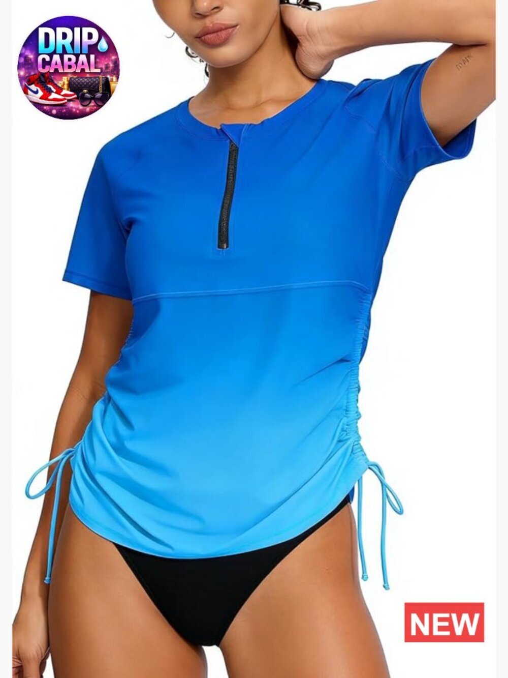 Women's Half Zip Short Sleeve Rash Guard Swim Shirt with Tie Drawstring UPF50+